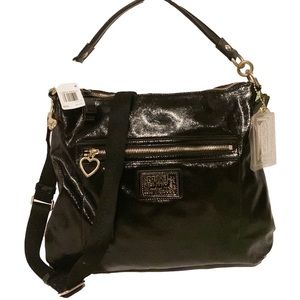💐COACH 20108 💐 BLACK POPPY DAISY SWING LIQUID GLOSS HOBO MSRP $298